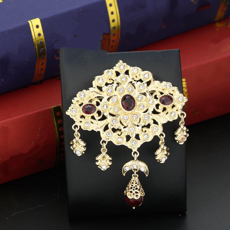 Scratch Resistant Crystal Women Brooch Gold Tone Morocco Jewelry for Arabic Hijab Silk Scarf Long Lasting Shine
