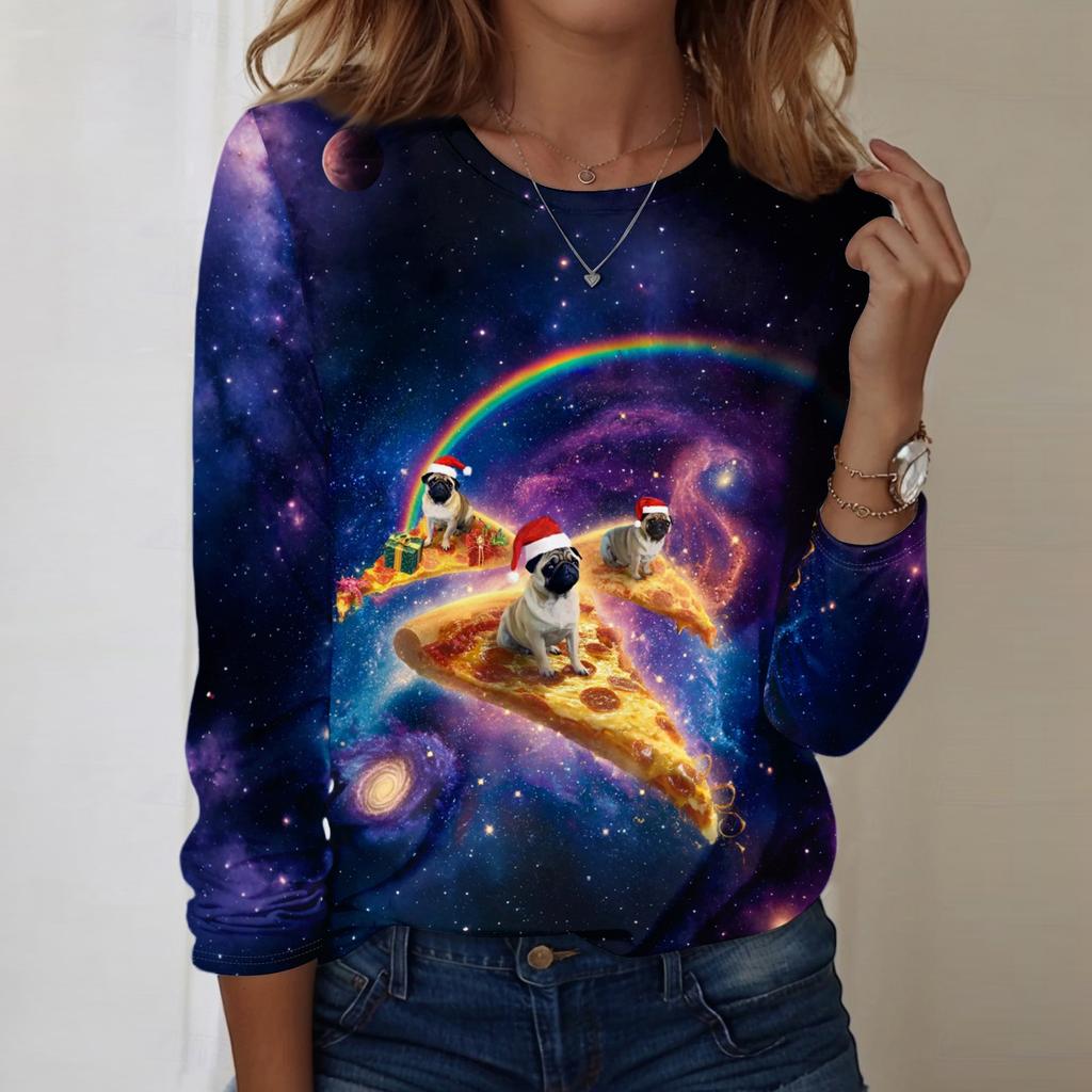 Christmas Limited Edition Women's 3D Christmas Gift Kitten Print Round Neck Long Sleeve Hoodie Fashion Casual Long Sleeve Top