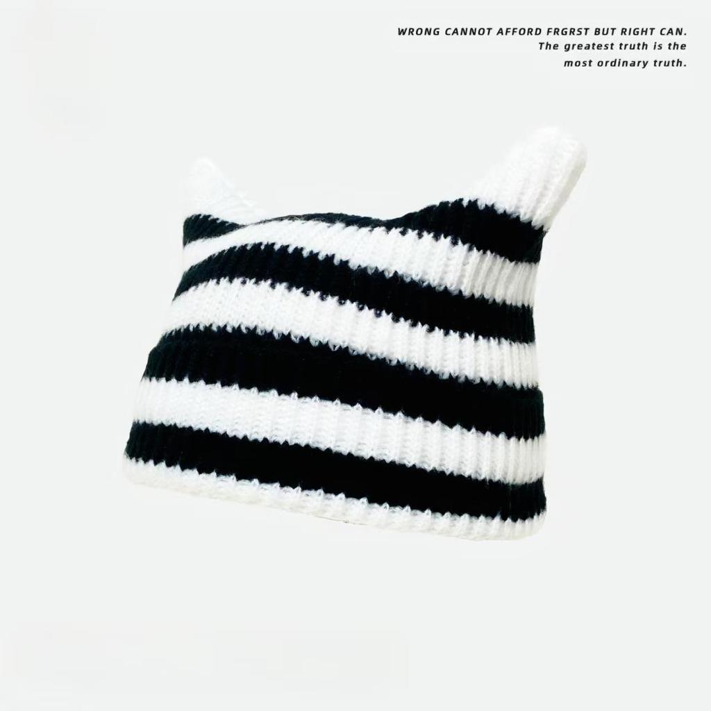 Korean Style Knitted Kitten Ears Beanie - Striped, Warm, Unisex Wool Hat for Students