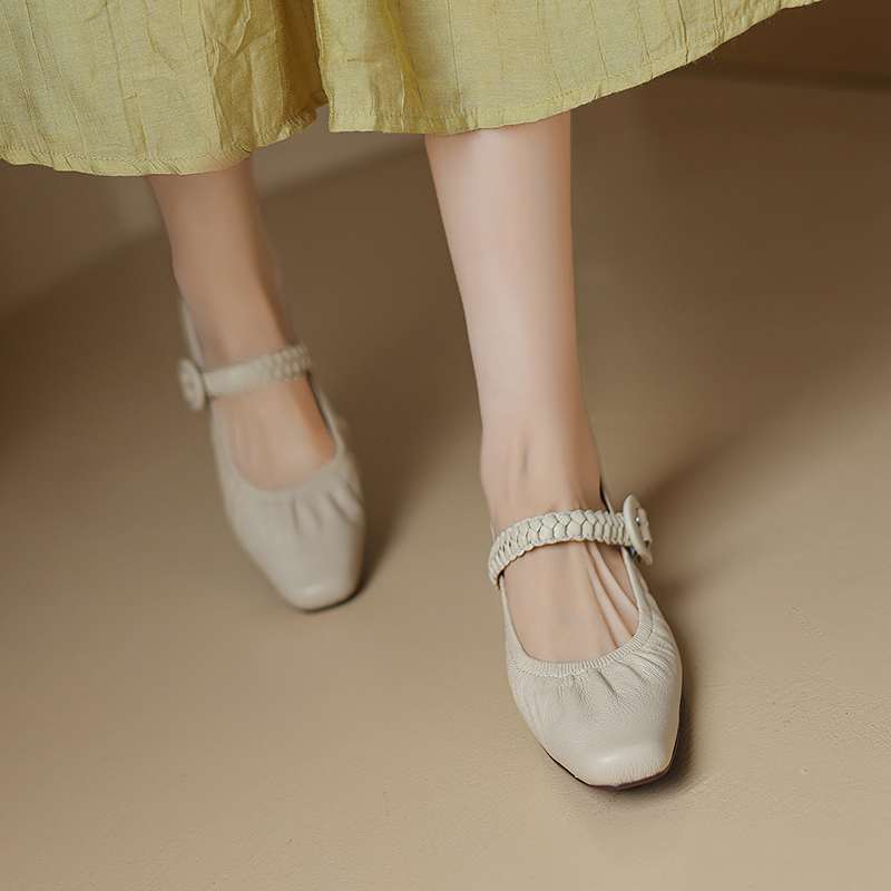 Krazing Pot Sheep Skin Summer Spring Autumn Med Heels Buckle Straps Women Square Toe Shallow Pumps