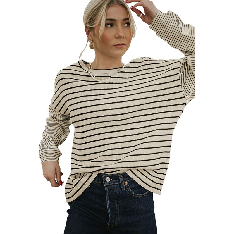 Fall New Simple and Versatile Stripes Long Sleeves T-shirt Female 2025 European and American Leisure Loose Shoulder Round Neck Sweatshirt Female