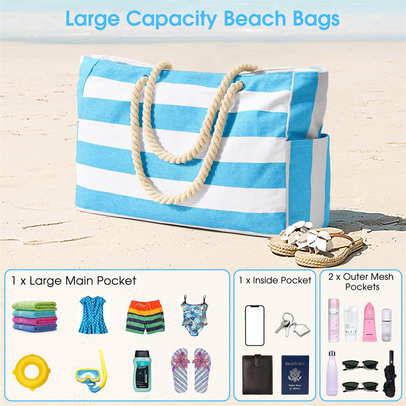 1PC Beach Bags For Women Large Canvas Beach Tote Bag Zipper Beach Bags Sandproof Swim Pool Bag Large Tote