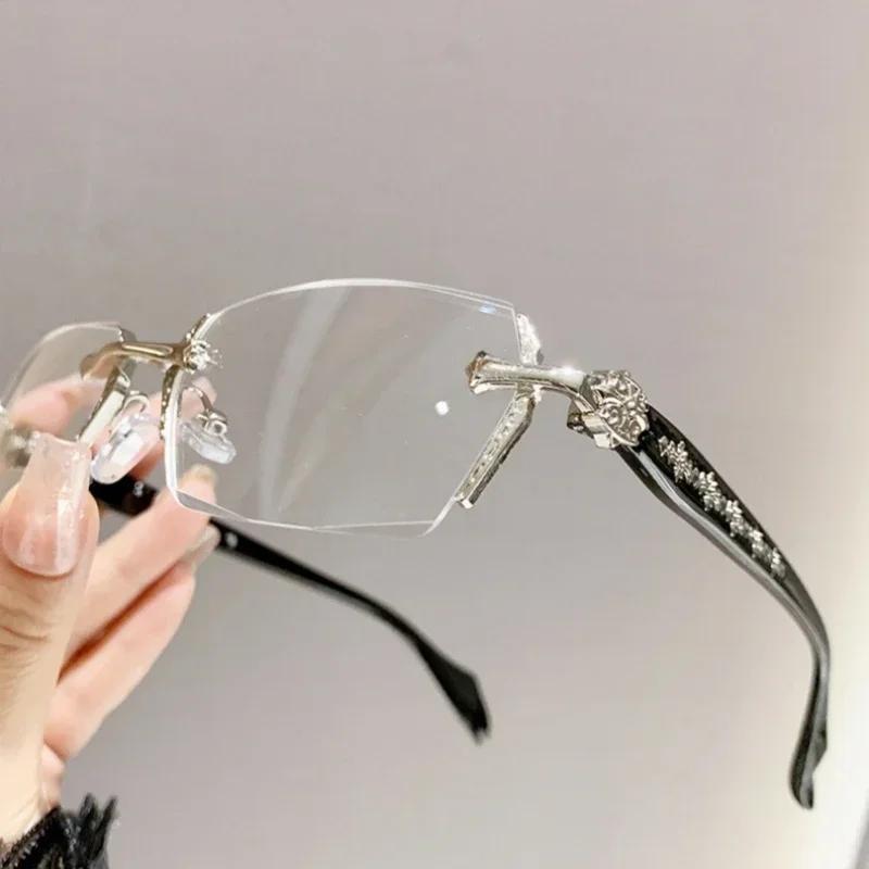 Diamond Cutting Reading Glasses Anti Blue Light Rimless Computer Far Sight Eyeglasses Men's Finished Prescription Eyewear