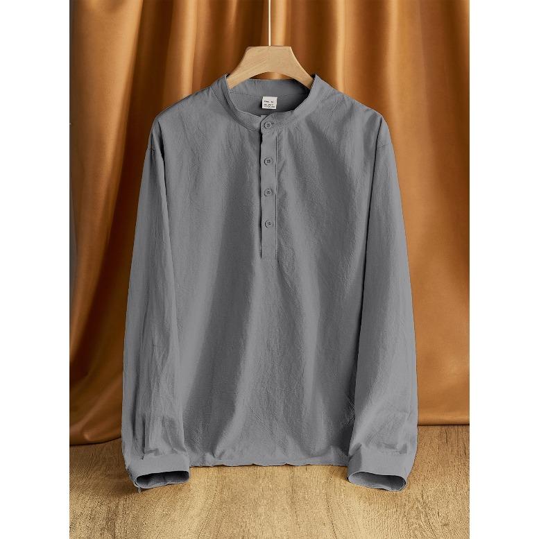 

Мужская свободная льняная однотонная рубашка с длинным рукавом и воротником-стойкой Мужская повседневная рубашка S серый