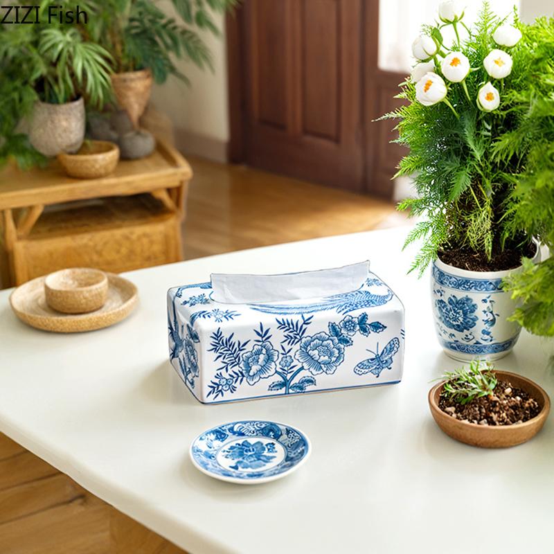 Niebiesko-biała porcelanowa szkatułka na chusteczki Ceramiczny pojemnik na ręczniki papierowe Stolik kawowy Biurko Uchwyt na serwetki Pudełka na chusteczki Vintage Wystrój domu