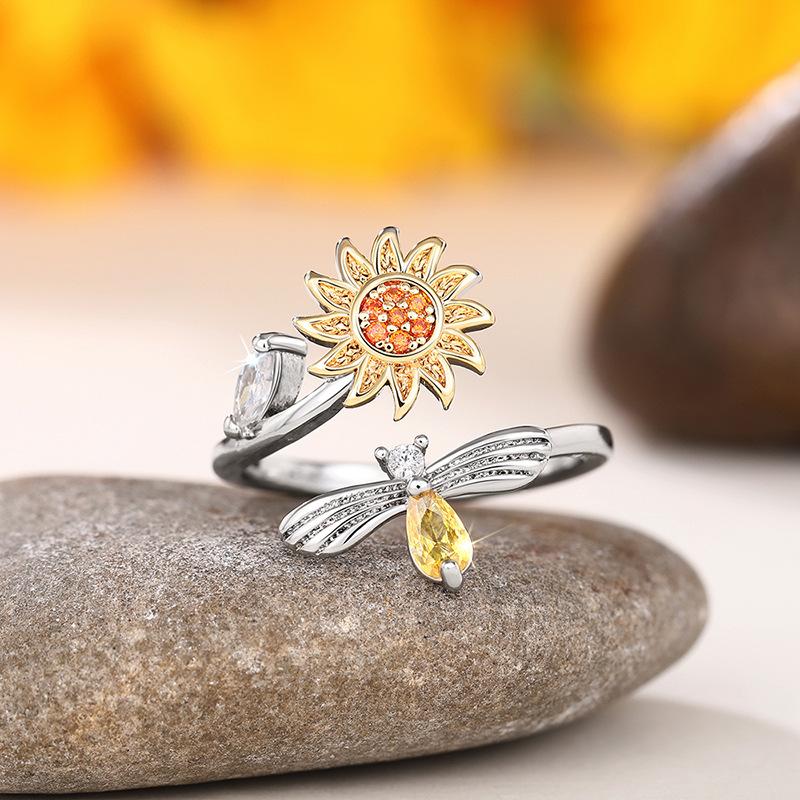 Ring, Adjustable Open Ring, Bee Honey Flower Ring