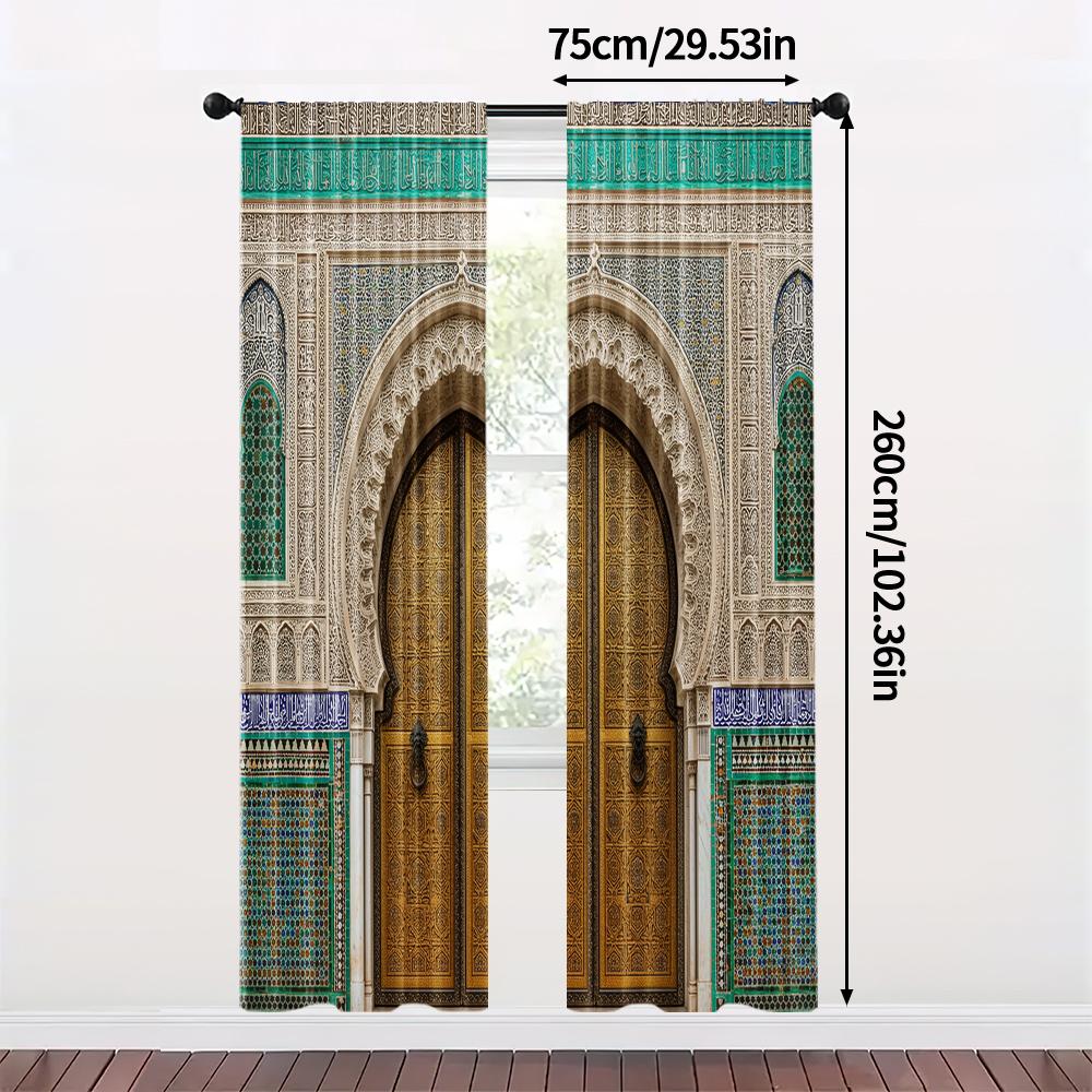 2pcs   Spring Summer Curtains Vintage Morocco Palace Door Print Semi-Sheer Curtains Durable 100% Polyester Fabric Decorations