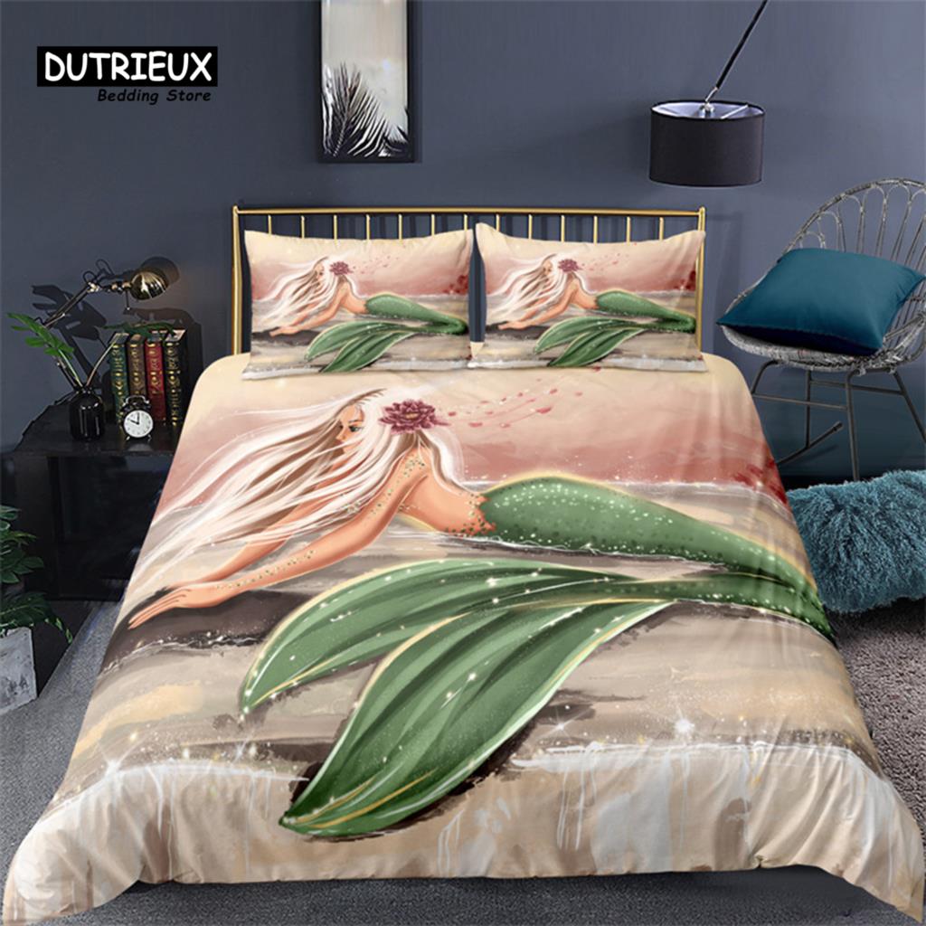 Mermaid Bedding Set Queen Size Print Duvet Cover Comforter Cover With Pillowcases For Girls Boys Teens Gift Home Bedroom Decor