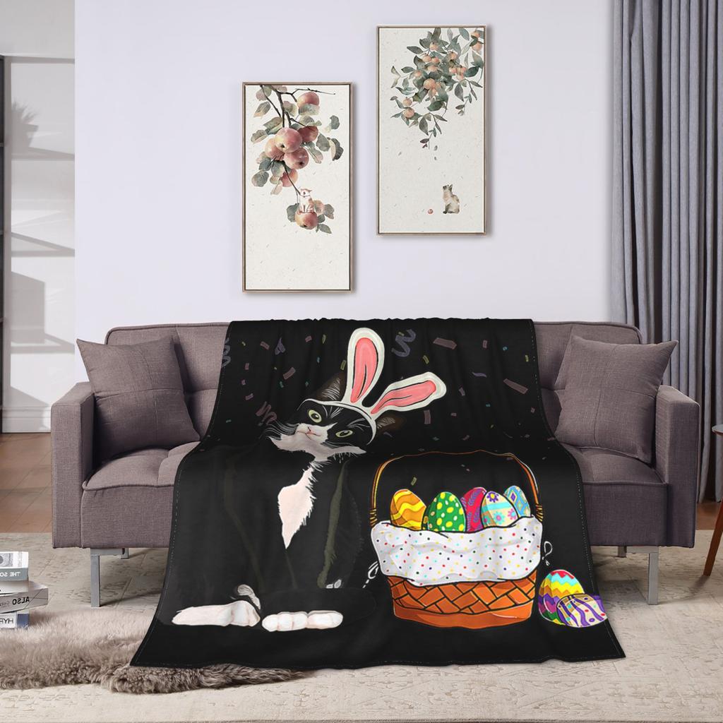 Easter Day Cat Bunny Ears Eggs Plush Blanket Girls Boys Flannel Throw Blanket For Living Room Warm Soft Bedspread Gift Idea