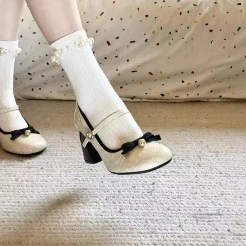 2025 Women's Pumps Autumn New Fashion Comfortable High Heels Chunky Heels Shoes Bow-knot Pearl Elegant Shoes Zapatos De Mujer