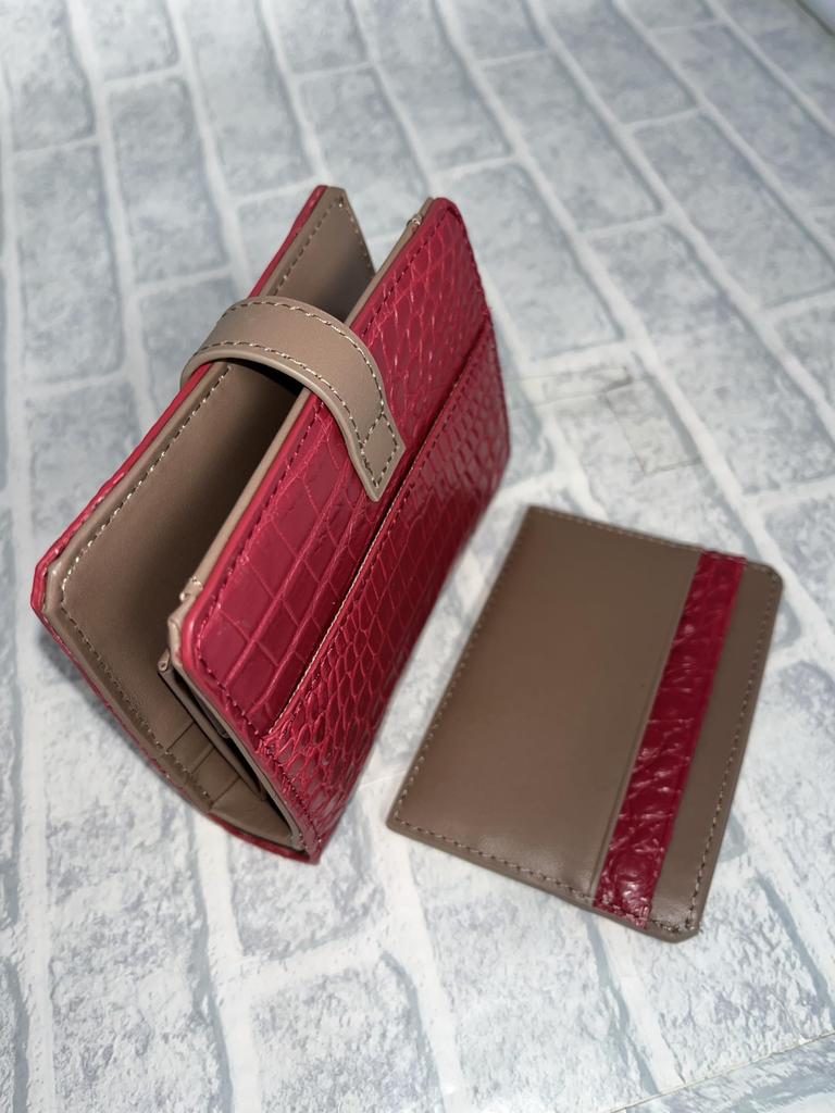GUODI Wallet with Card Genuine Crocodile Matte Bi-fold Case, Leather, Finish, TK-10CW037 (Ruby)