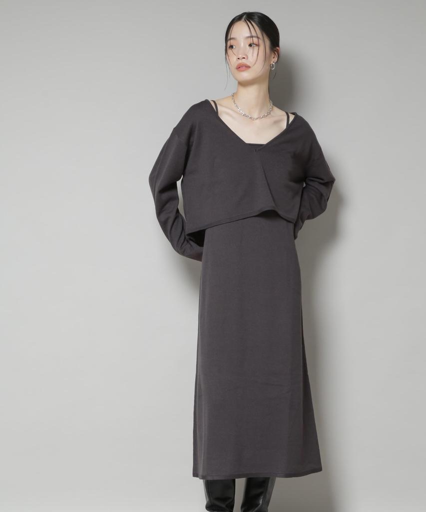 Nano Universe Knit Camisole Dress and Cropped Knit F Women's V-Neck Set, 023, Charcoal, 673-5219306