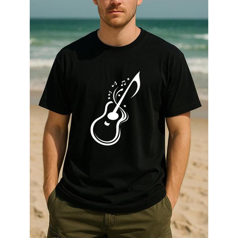 Guitar Treble Clef Music Enthusiast Style Trendy Printed T-shirt, Simple and Fashionable Men s Clothing, Patterned Printed Round-neck T-shirt S чёрный