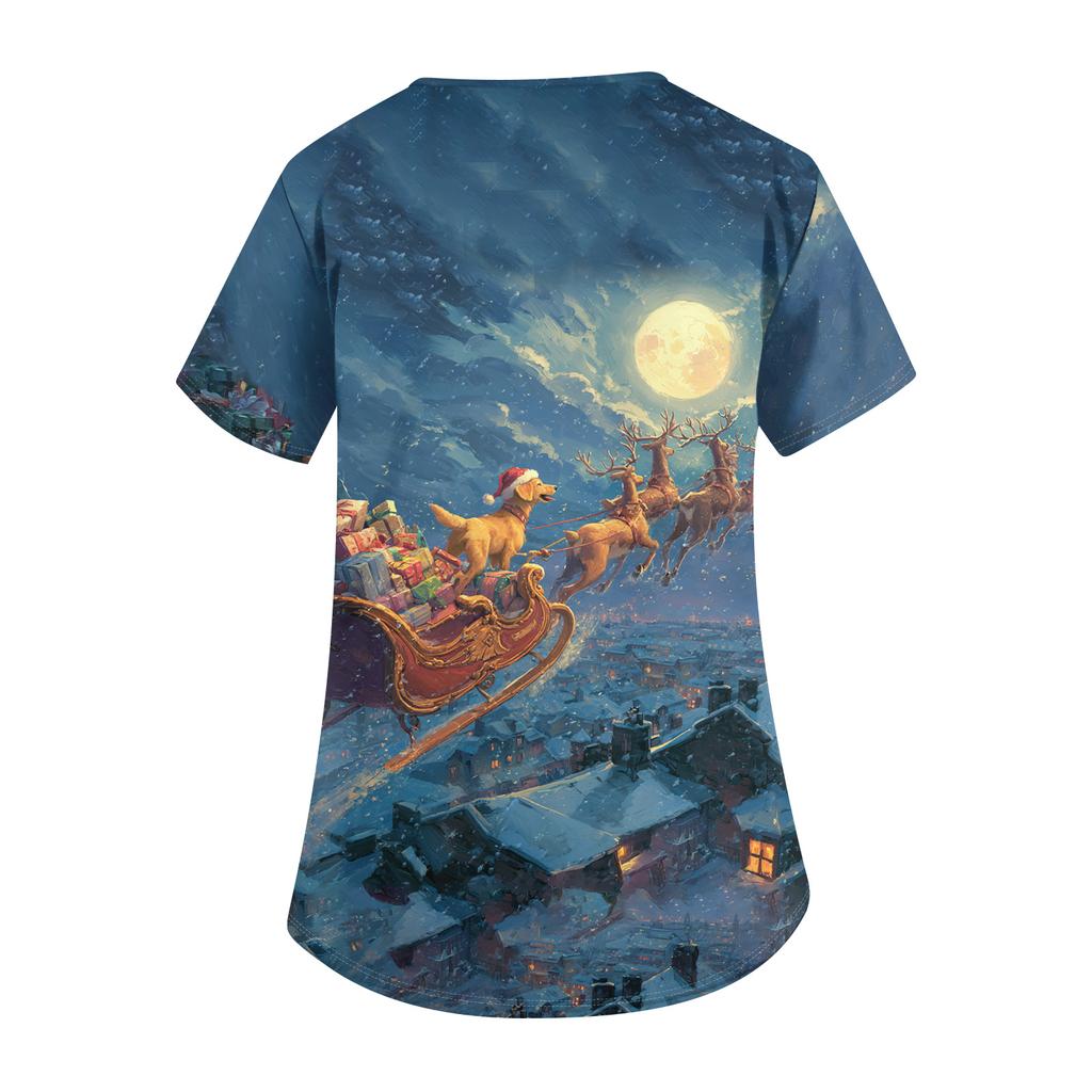 Women's Cute Bow Printed Work Clothes V-neck Double Layer Pockets Basic Short Sleeve Top Pullover