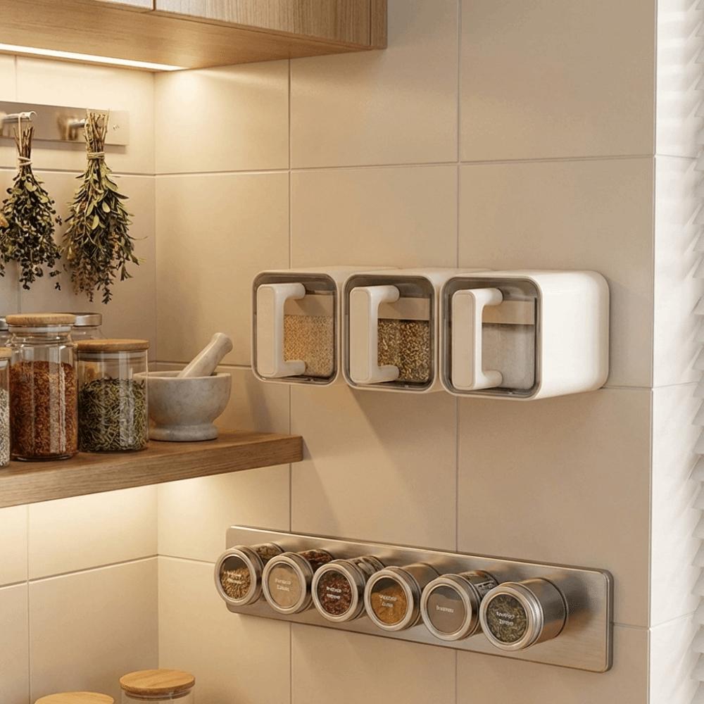 No Punch Spice Storage Rack Wall-Mounted Kitchen Seasoning Jar Easy Installation Salt Jars  Cooking