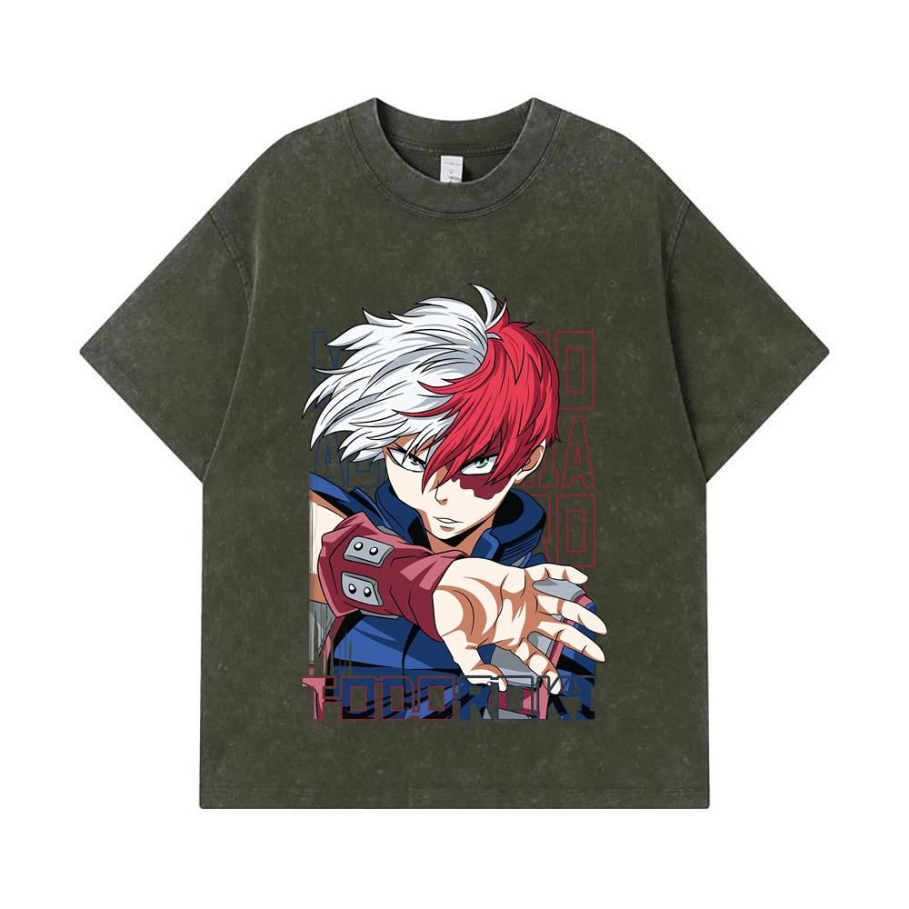 

275 GSM Washed T-shirts 100% Cotton My Hero Academia V18 Todoroki Print Unisex Heavy Cotton T Shirt S армия зеленый
