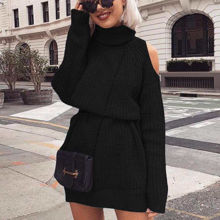 2025 European & American Fall/Winter Off-Shoulder High-Neck Knitted Sweater Dress.