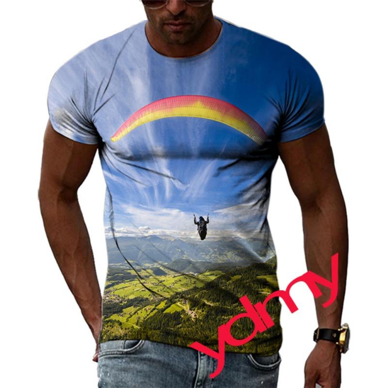 Tide Fashion Summe Parachute Picture Men's T-shirt Casual Print Tees Hip Hop Personality Round Neck Short Sleev Tops