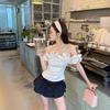 Korean Version of Pure Desire Beautiful One-word Shoulder Jacquard Shirt Women's Summer Design Sense Lace Waist Slim Niche Top Tide