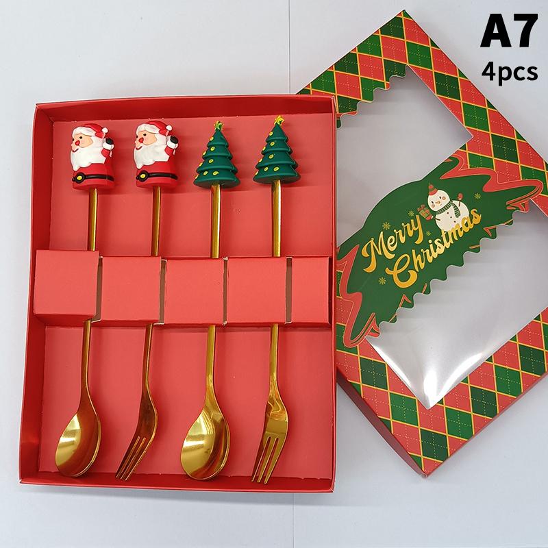 1/2/4/6 Stück Edelstahl Löffel Weihnachts Dessertlöffel Kuchengabel Cartoon Weihnachtsbaum Elch Löffel Gabel Weihnachtsgeschenkbox
