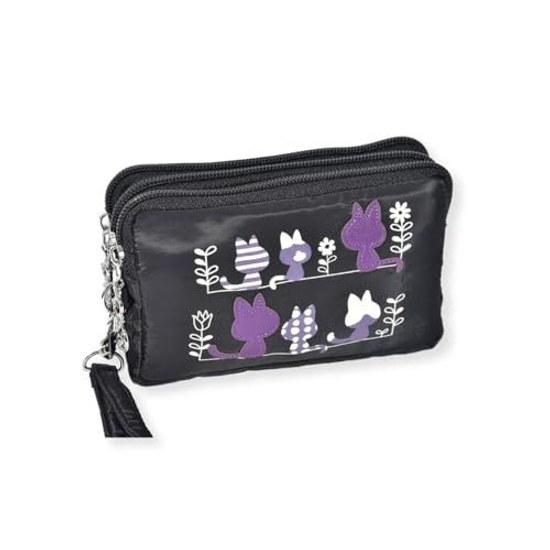 Pouch Cat Cute Stylish Nylon Mini Cosmetic Makeup Small Item Holder Strap Large Capacity Pattern 3-Zipper Present Gift Travel 3 Pockets Motif (Black)