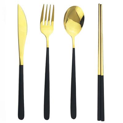 Set di stoviglie da viaggio Black Gold, set di posate, coltello, forchetta, cucchiaio e bacchette, set di posate in acciaio inossidabile.