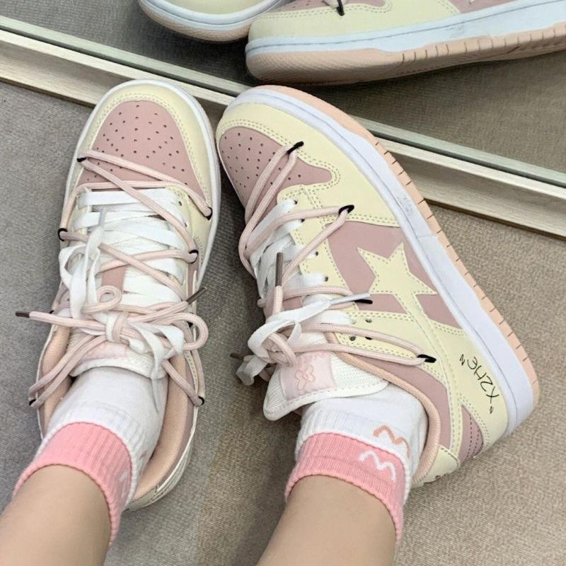 Fashion New 2024 Fashion Women's Sneakers Women's Vulcanized Shoes Pink Cute Fashion Women's Shoes Lace Up Skateboard Shoes Casual