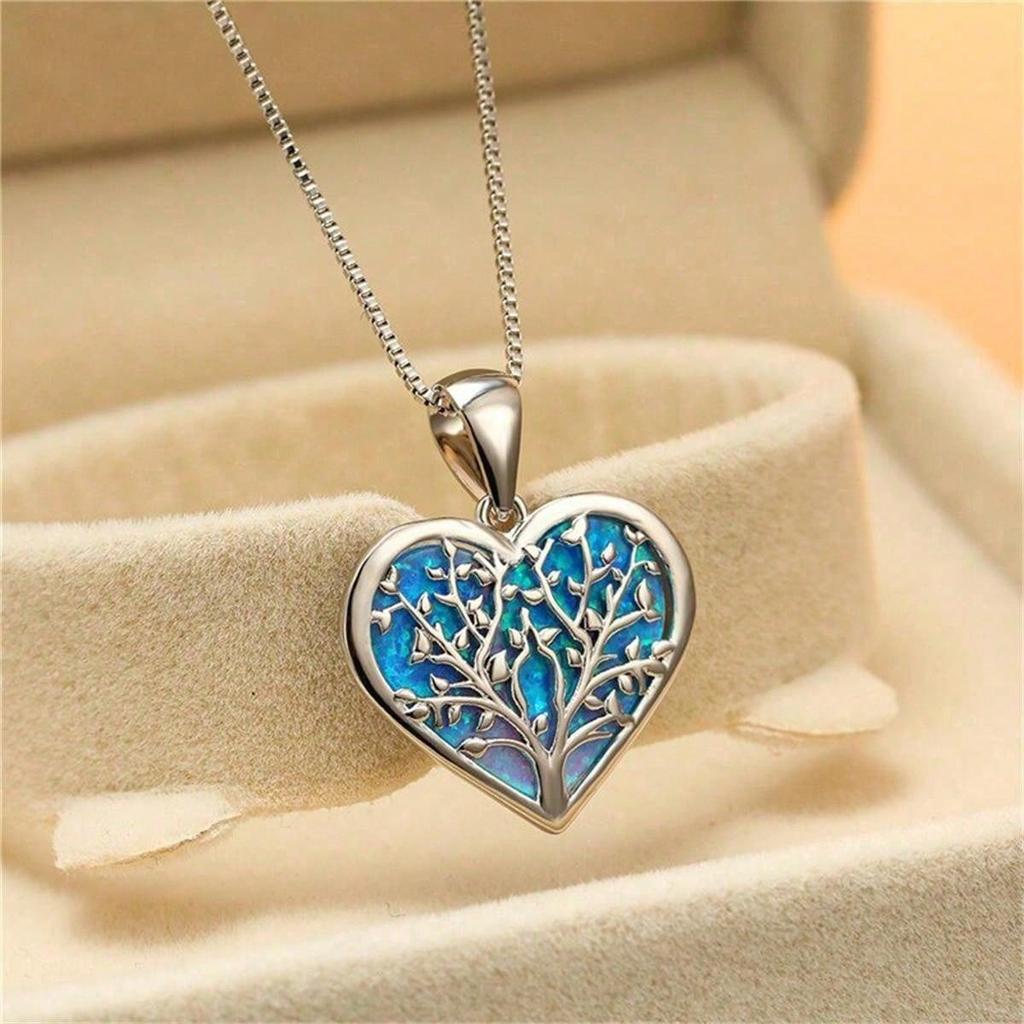 Fashion Love Heart Tree of Life Pendant Necklace For Women Inlay Blue Imitation Opal Necklace Wedding Jewelry Birthday Gifts
