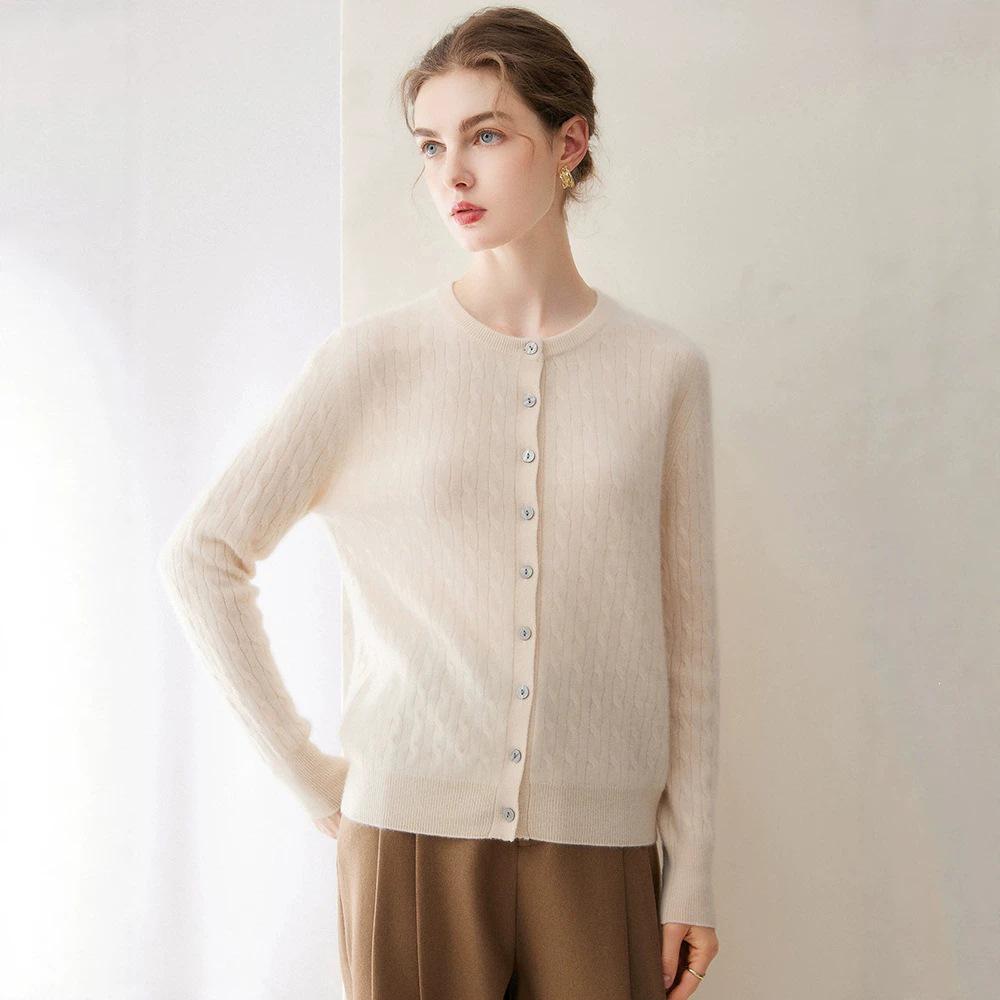 Women's Pure Cashmere Cardigan - Round Neck, Solid Color, Loose Fit, Long Sleeve Knit Sweater
