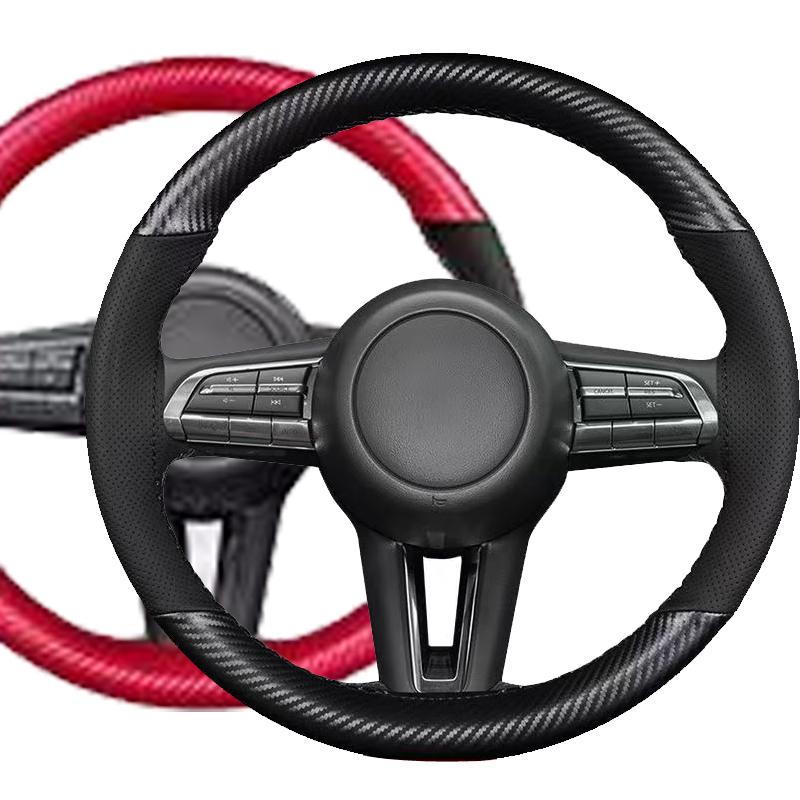 Sports Popular 4-Spoke 38cm Anti-Slip Suede Universal Car Steering Wheel Cover Hand Sewn Needle Thread Protector Fiber Leather
