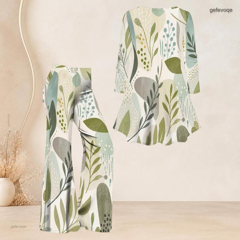 Women Plus Size Printed Round Neck Three Quarter Sleeve Flared Top And Flared Pants Two Piece Set