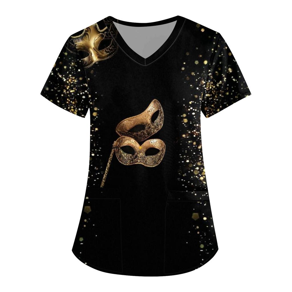 Women's  Carnival Themed Outfit Party Mask Pattern Caregiver Top