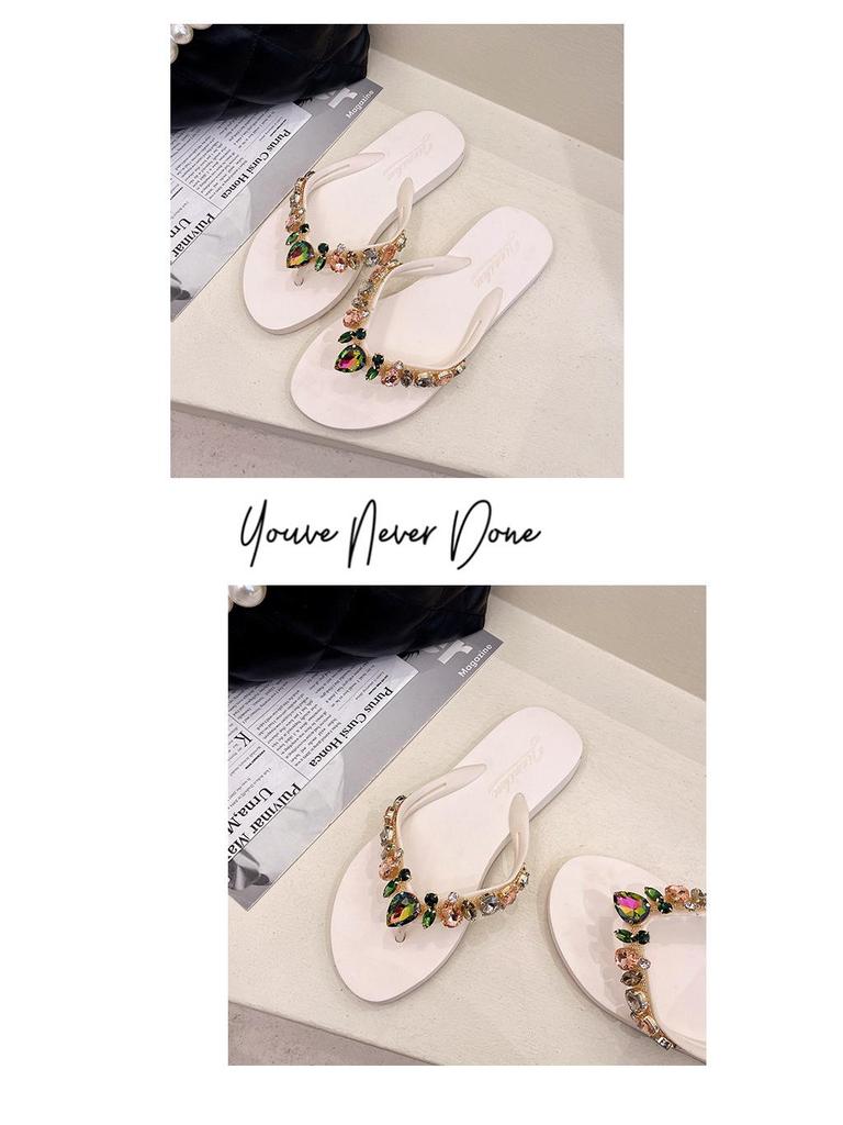 Summer Peach Heart Rhinestone Flip Flops - Women's Casual Beach Flats