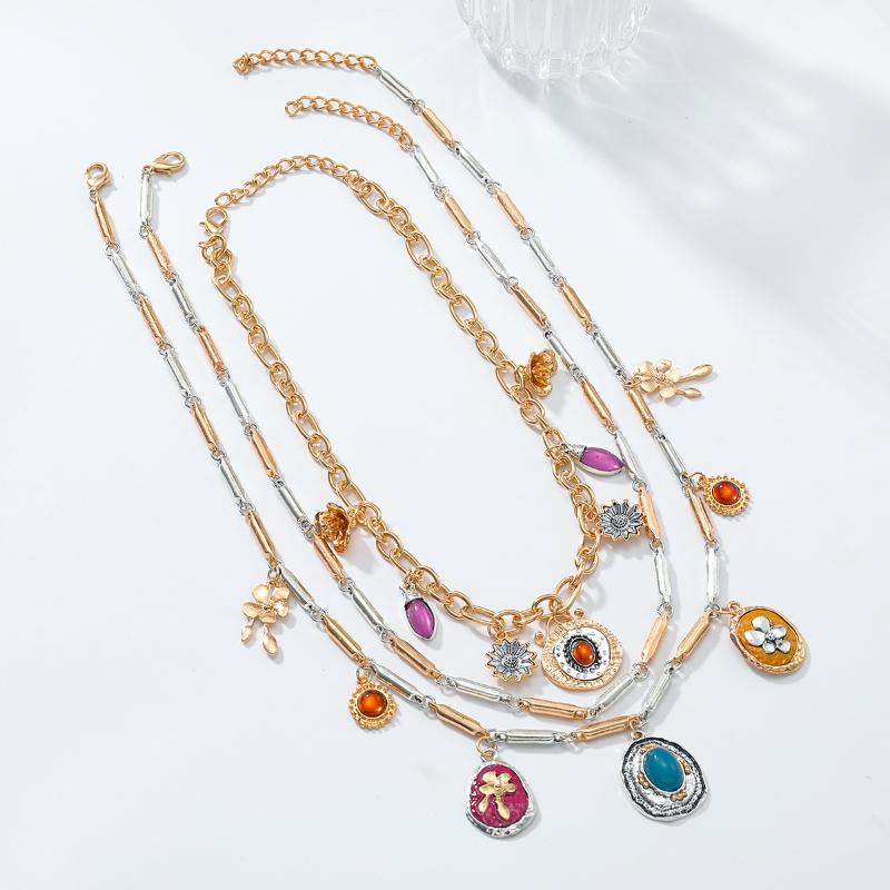 

3Pcs/Set Exaggerated Multi-Layer Alloy Floral Resin Color Blocked Vacation Necklace For Women Summer Party Jewelry Accessories ONESIZE