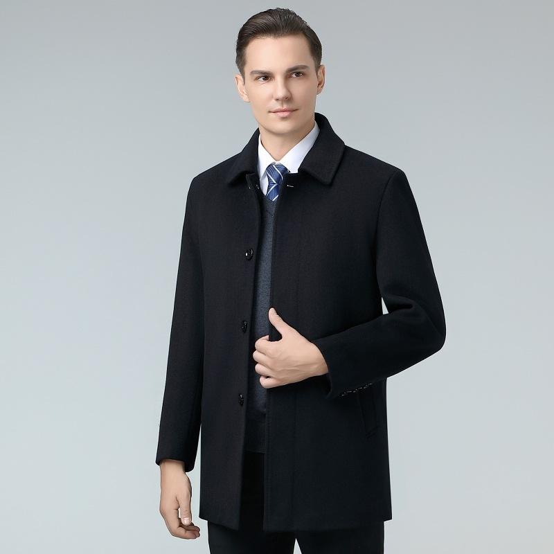 New Autumn and Winter Style Plus Velvet Warm Mid-length Middle-aged Men's Wool Wool Coat Simple Lapel Jacket