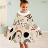 Girls Cream Printed Dress Furry Collar Long Sleeve Bow Waist A Line Flared Hem