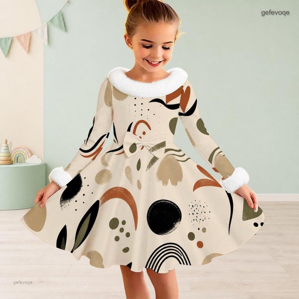 Girls Cream Printed Dress Furry Collar Long Sleeve Bow Waist A Line Flared Hem