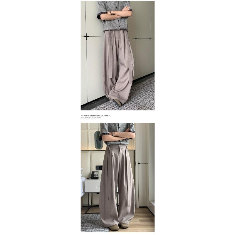Men Double Belt Pleated Straight Micro Flared Loose Casual Dress Pants