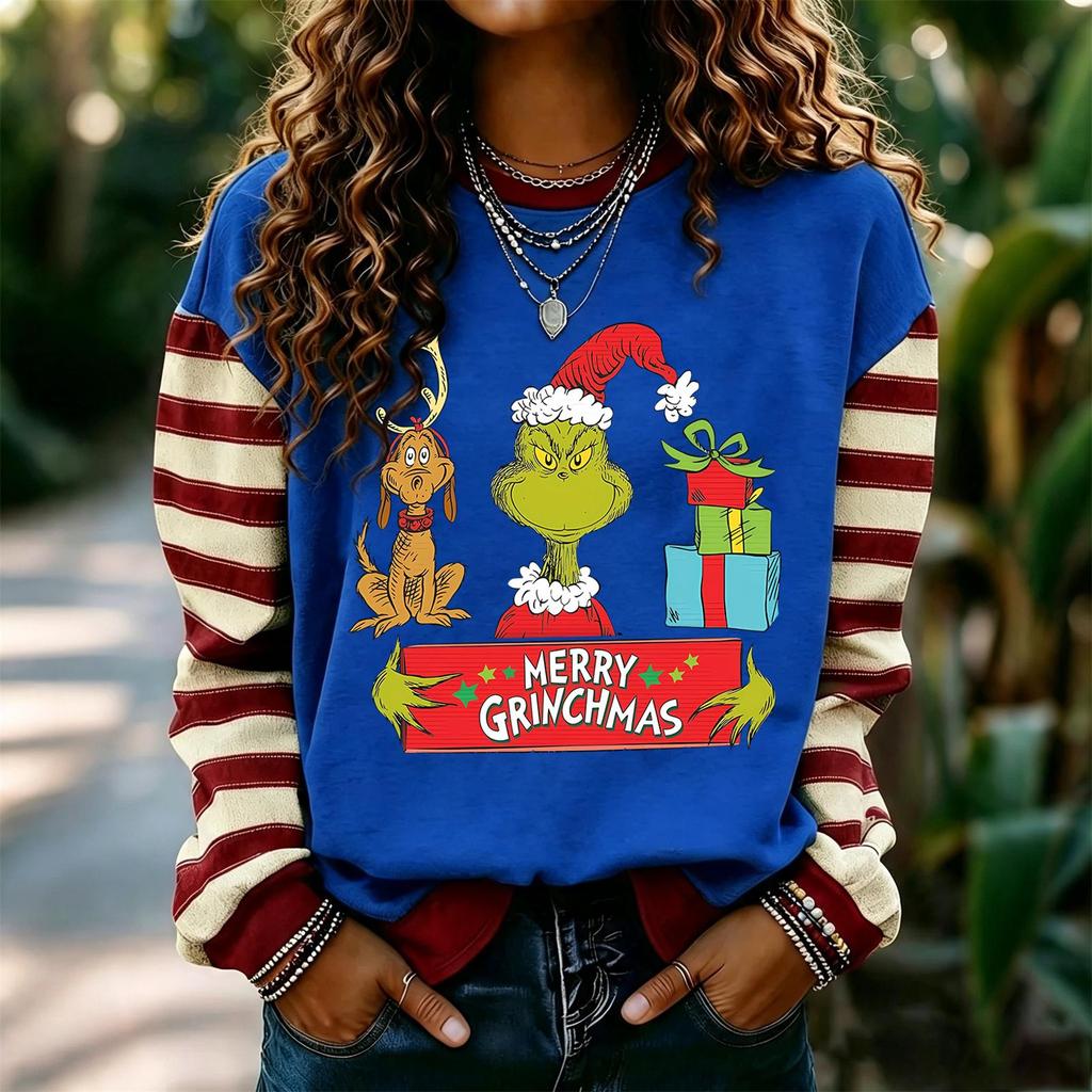 Women's Long Sleeve Neck Pullover Sweatshirt with Christmas Holiday Print for Casual Daily Wear