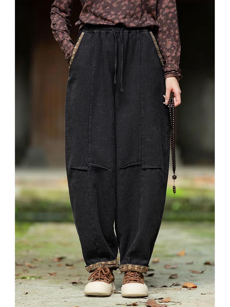 Women's Retro Winter Distressed Patchwork Velvet-Lined Linen Lantern Pants