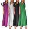 V-neck Long Dress Spring Women V Neck Short Sleeve Loose A-line Pure Color Slimming Ankle Length Maxi Pleated Prom Party Dating