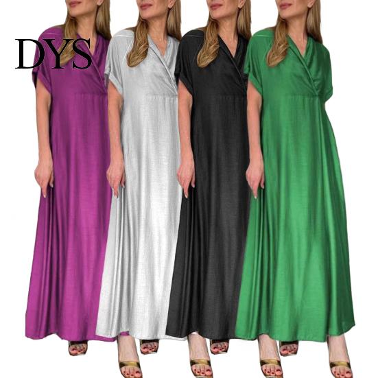V-neck Long Dress Spring Women V Neck Short Sleeve Loose A-line Pure Color Slimming Ankle Length Maxi Pleated Prom Party Dating