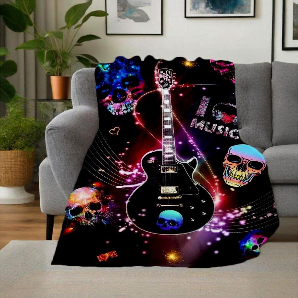 "Electric Guitar with Skulls & Music Notes Art Print Poster"Blanket Flannel Throw Blanket for Sofa, Bed, Travel, Camping, Office