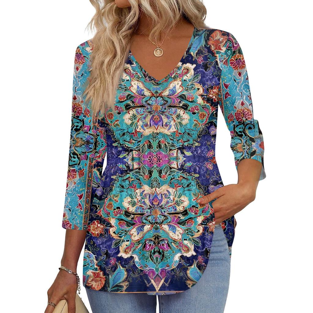 Women's T Shirt Print 3/4 Sleeve Fashion Basic V- Neck Regular Top