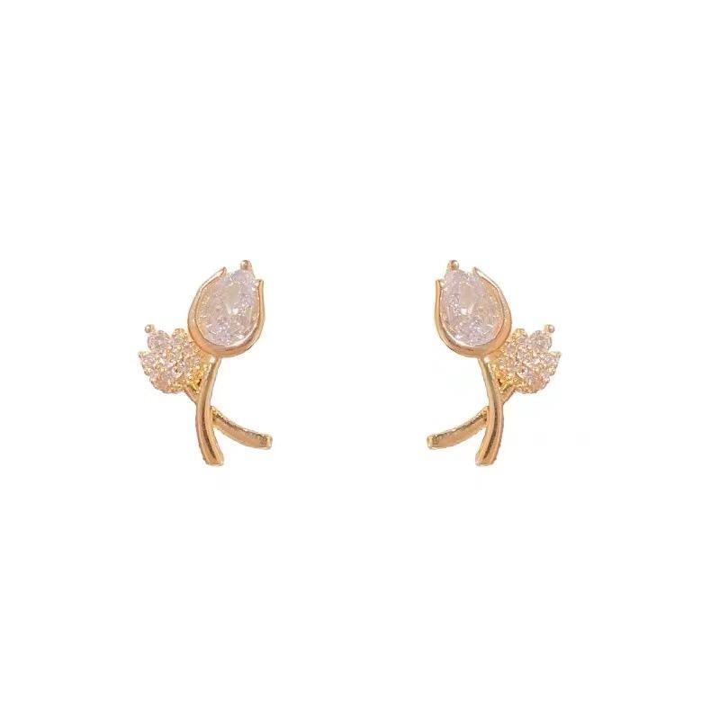 1 Pair Women Earrings Tulip Design High-end Shiny Rhinestone Geometric Electroplating Daily Wear Bright Luster Imitation Pearl F