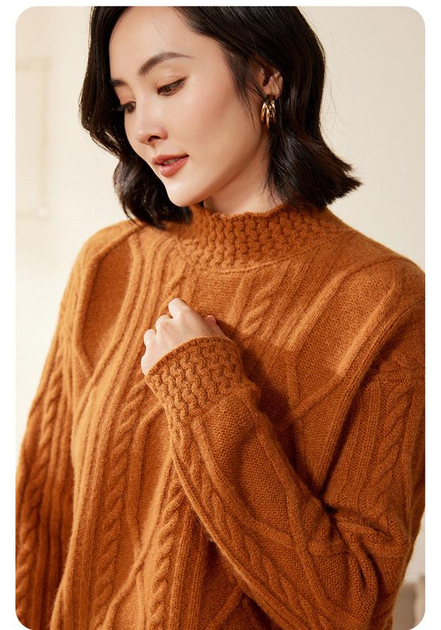 Women's Heavy Knit Wool Cashmere Cable Sweater with Half-High Neck - New Loose Fit for Autumn/Winter