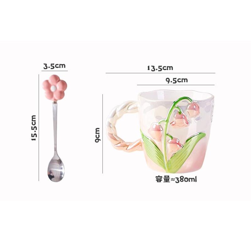 European Ceramic Lily of The Valley Cup with Spoon Three-dimensional Relief Flower Mug Exquisite Afternoon Tea Flower Teacup New