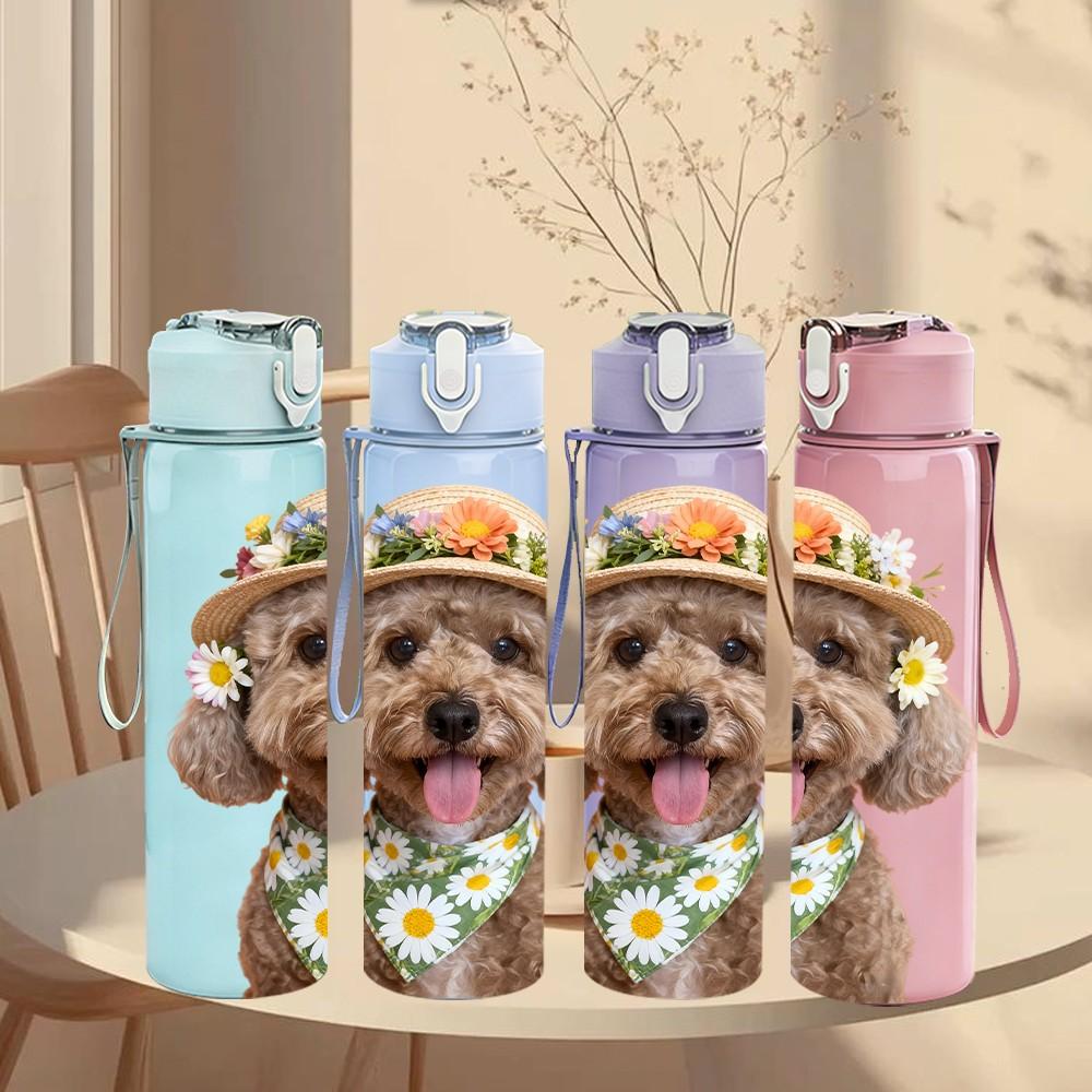 1PC Flower Hat Fluffy Dog Print 750ml Color Plastic Sports Water Bottle Leakproof Flip Straw Lid Suitable for Sports Office Home Use