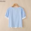 ZANZEA Women Lace Splice Square Collar Casual Short Sleeve Grid Print Blouse
