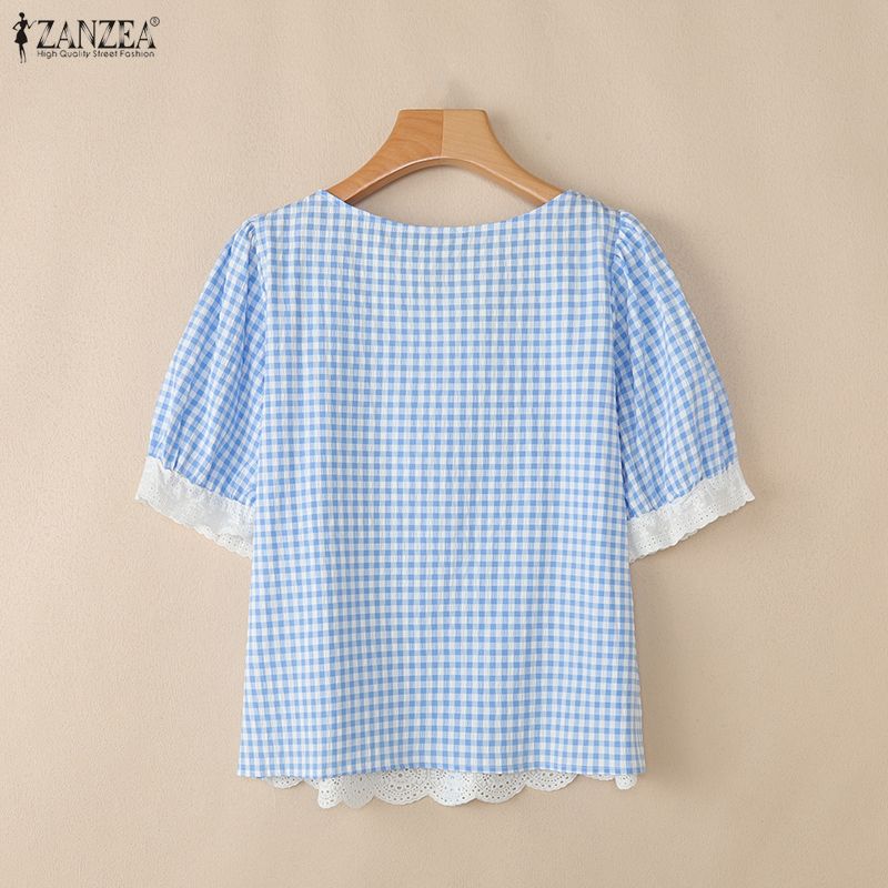 ZANZEA Women Lace Splice Square Collar Casual Short Sleeve Grid Print Blouse